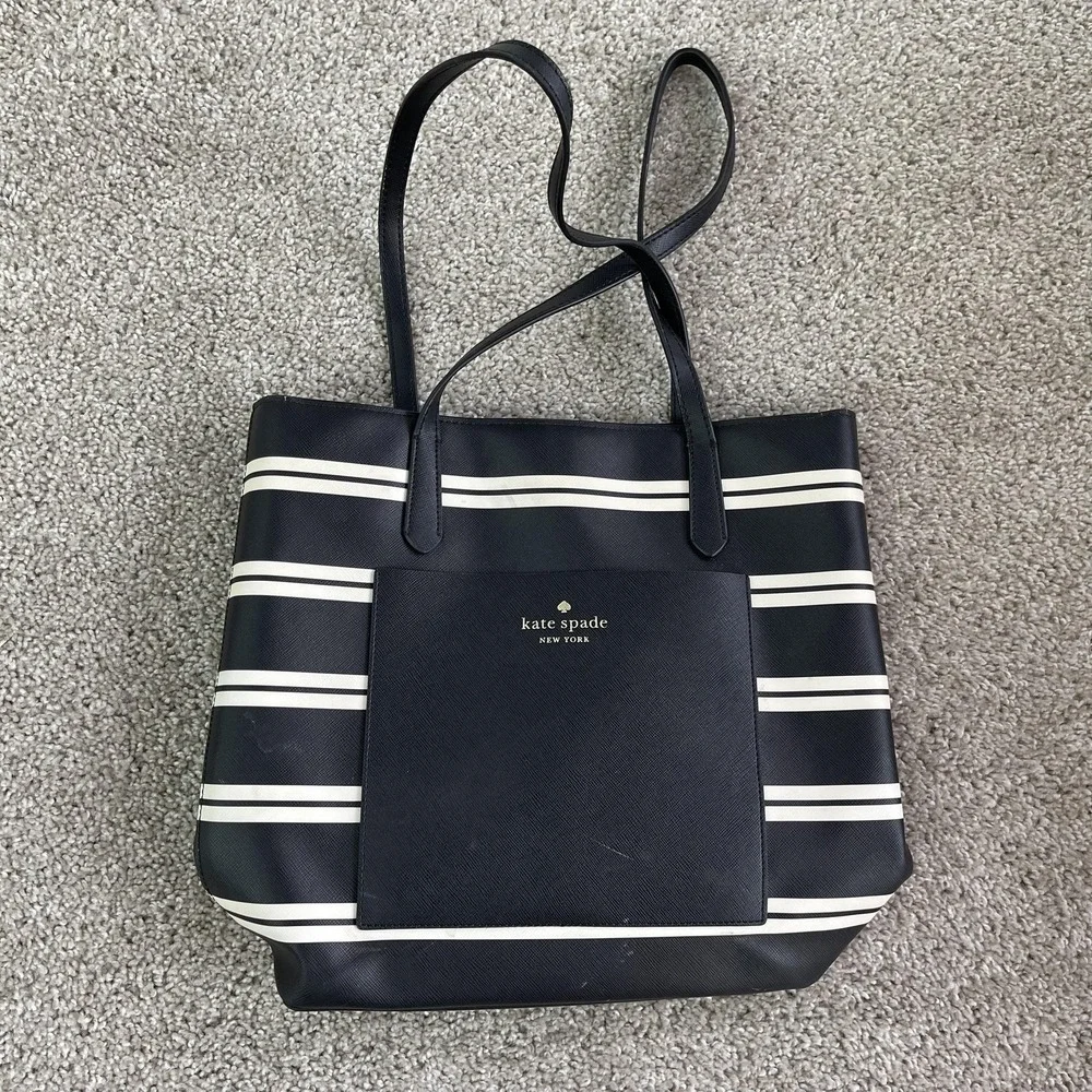 Kate Spade Tote Bag Womens Large Black Leather Striped Shoulder Outer Pocket